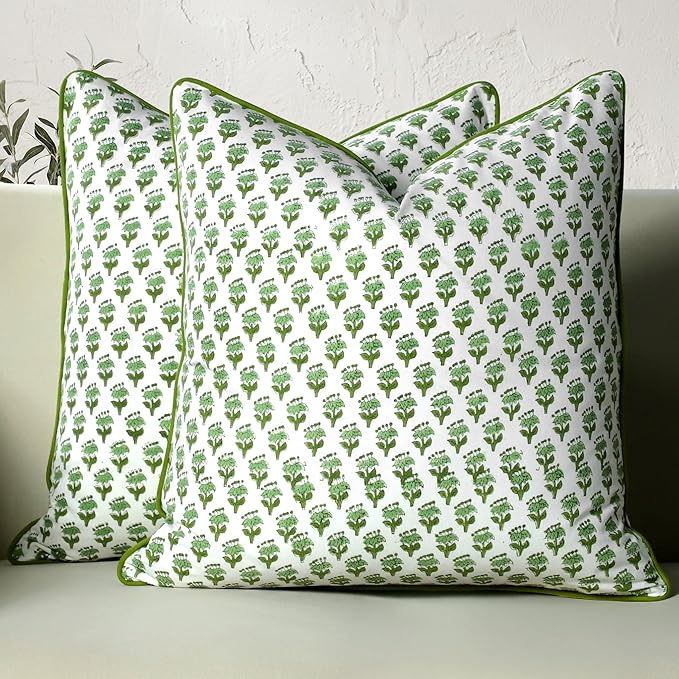 CPC 100% Cotton Throw Pillow Covers 16X16 Green Block Print Pattern Couch Pillow, Cute Boho Decorative Pillows for Living Room, Bedroom with Hidden Zipper- Emerald Green
