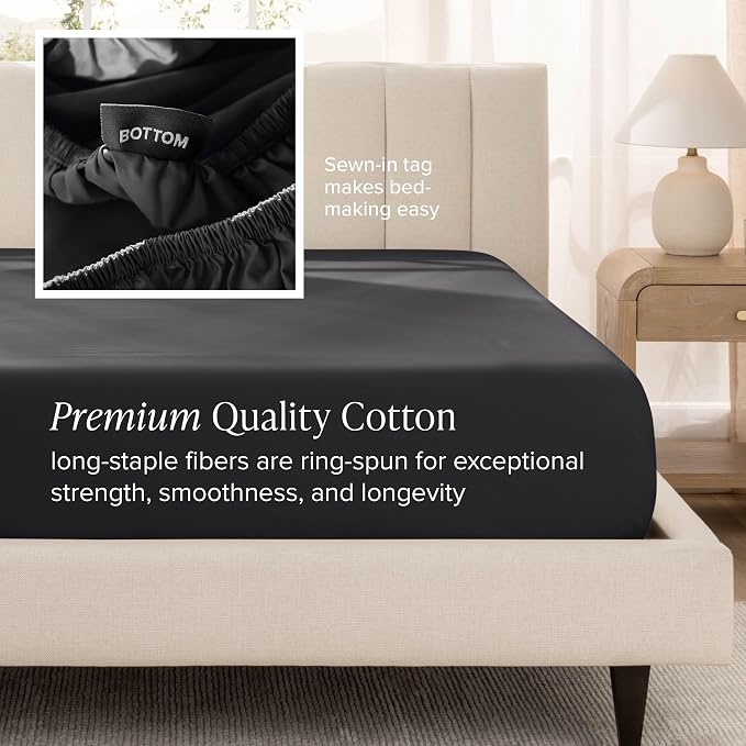 Bare Home 100% Organic Cotton Split Head Flex King Sheet Set - 400 Thread Count - Smooth Sateen Weave - Breathable & Cooling - Hotel Luxury Set - Deep Pocket Bed Sheets (Split Head Flex King, Black)
