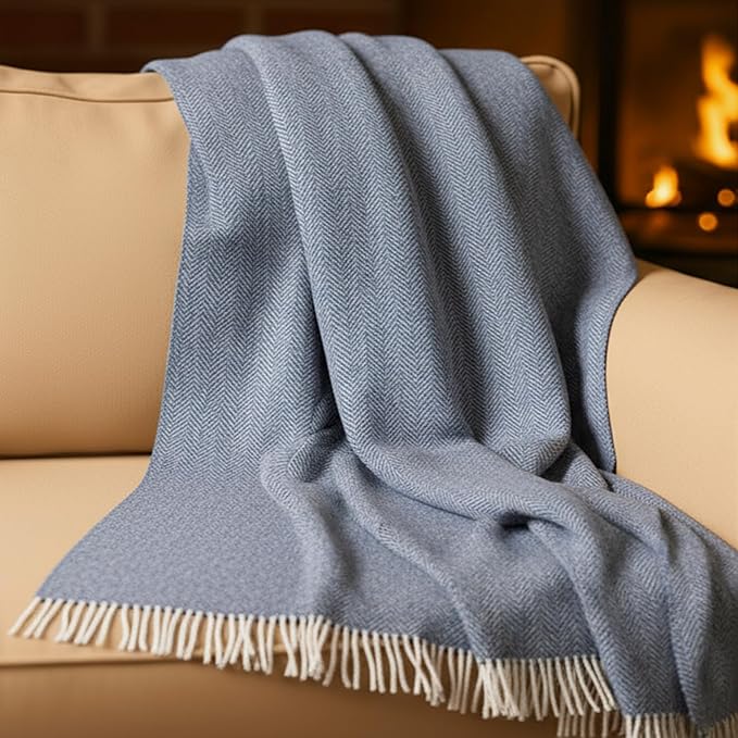 Biddy Murphy Irish Merino and Cashmere Wool Throw Blanket, Made in Ireland, Heirloom Quality, 54" x 71", Denim and Cream Herringbone Pattern