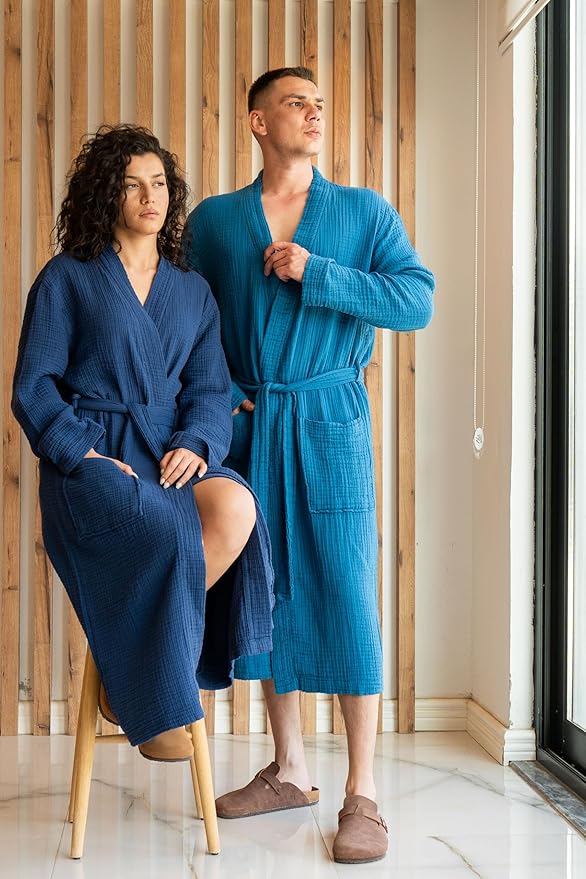 Muslin Unisex Bathrobe Women & Men, 100% Cotton Kimono Lightweight Robe | Long Robes Soft, Absorbent, Spa robes