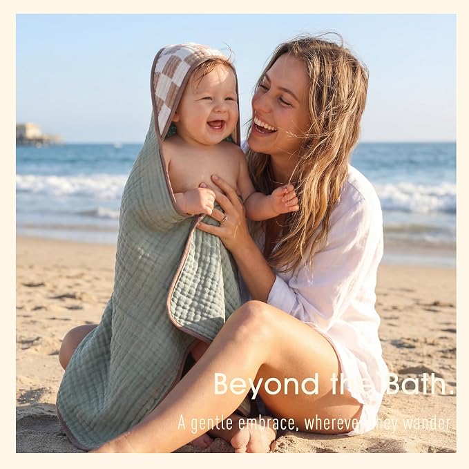 4-Piece Muslin Baby Towel Set - Made with Organic Cotton, (2) 6-Layer 32x32 Towels & (2) Washcloths, Bath, Beach & Pool Gift Set (Neutral Sage Mix)