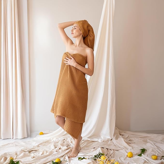 4-Piece Waffle Towels Set for Bathroom - Soft 100% Turkish Cotton Quick-Dry Lint-Free Waffle Weave Thin Bath and Hand Towels (Caramel, 2 Bath & 2 Hand Towel Set)