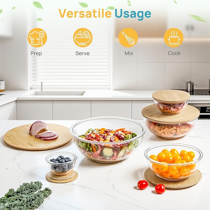 Vtopmart 4 Pack Glass Containers and 5 Pack Glass Mixing Bowls with Bamboo Lids