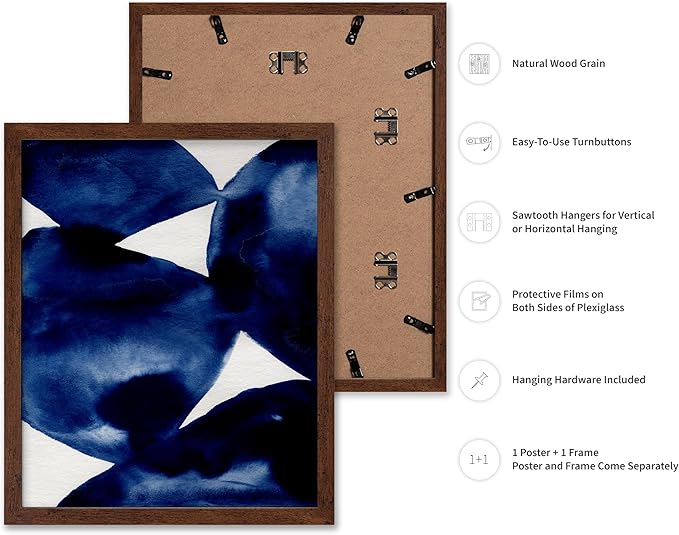 Monem Art Indigo Abstract Watercolor Painting Print - Minimalist Modern Art Poster - Wall Decor for Living Room, Bedroom or Office - 12x16 Brown Framed Wall Art by Mareike Bohmer
