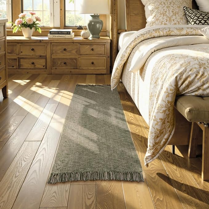 Collive 2x6 Hallway Runner Rug, Hand-Woven Washable Reversible Entryway Runner Rug, Natural/Green Cotton Farmhouse Laundry Room Rug Modern Long Carpet for Bedroom Bathroom Sink Foyer