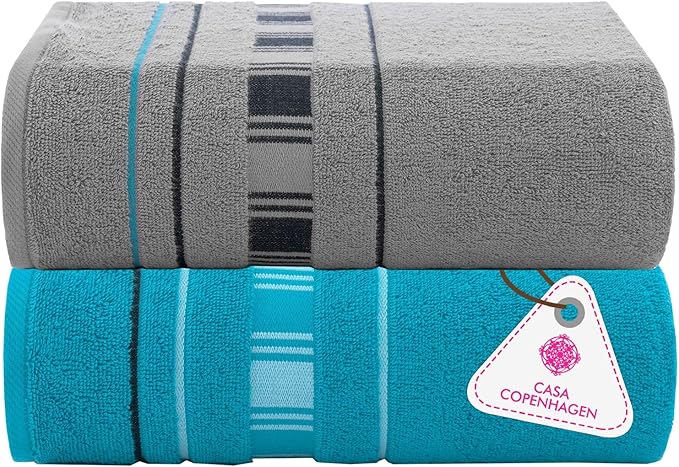 CASA COPENHAGEN X Line 2Pcs 100% Egyptian Cotton Large Designer Bathsheet Towels Gift Set- Grey - Teal, 600GSM, 35"x70" 2Bath Sheet Towels for Bathroom Set for Women & Men