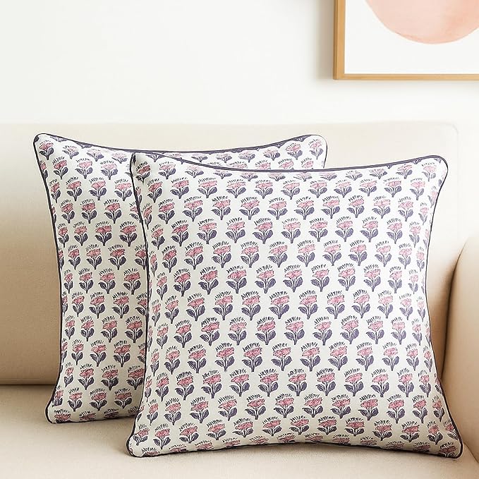SheetKart Pure Cotton Throw Pillow Covers - Set of 2 - Hand Block Pure Cotton Printed Boho Decorative Pillow Covers - Cushion Covers for Living Room, Bohemian Theme, 16 x 16 Inches, Lavender Whisper