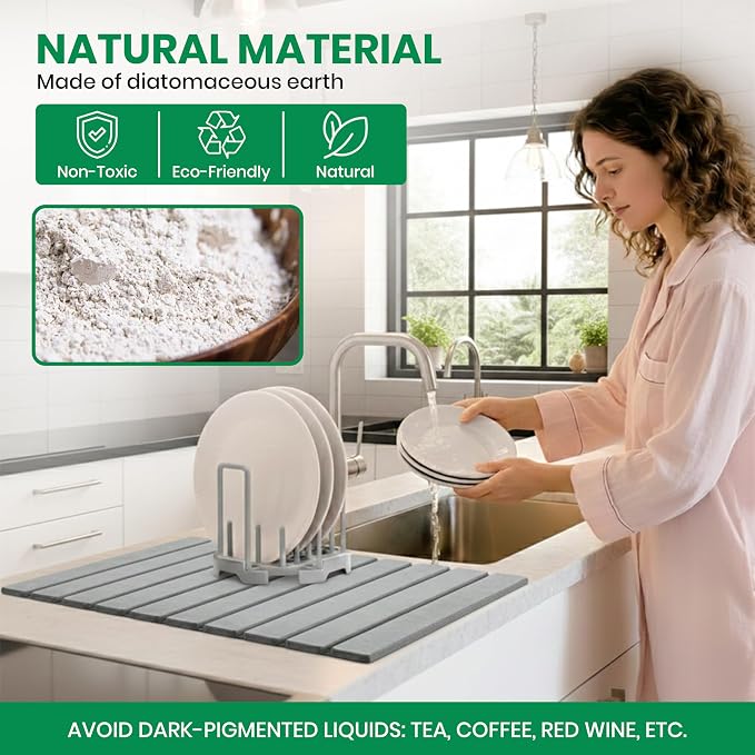 Stone Dish Drying Mat for Kitchen Counter - 23x15 Large Quick Dry Stone Mat Kitchen, Absorbent Diatomaceous Earth Kitchen Drying Mats for Countertops, Fast Drying Stone Sink Mat for Dishes and Cups