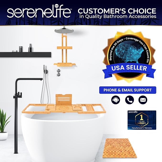 SereneLife Bamboo Bath and Shower Mat, Non-Slip Floor Mat with Extra Grips, Slatted Design, Natural Finish for Bathroom, Spa, Sauna - Rollable and Easy to Clean