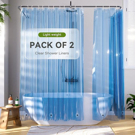 Plastic Shower Curtain Liner Pack of 2, Lightweight Clear Plastic Shower Liner PEVA 72 x 72 Waterproof Shower Curtains for Bathroom with 3 Strong Magnets and Rustproof Grommets, Clear Blue
