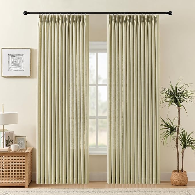 Pinch Pleated Linen Curtains 90 Inches Long 2 Panels for Living Room, Light Filtering Pleat Curtain Back Tab Semi Sheer Linen Drapes with Hooks Rings for Bedroom Dining Room, 40x90, Grey Beige