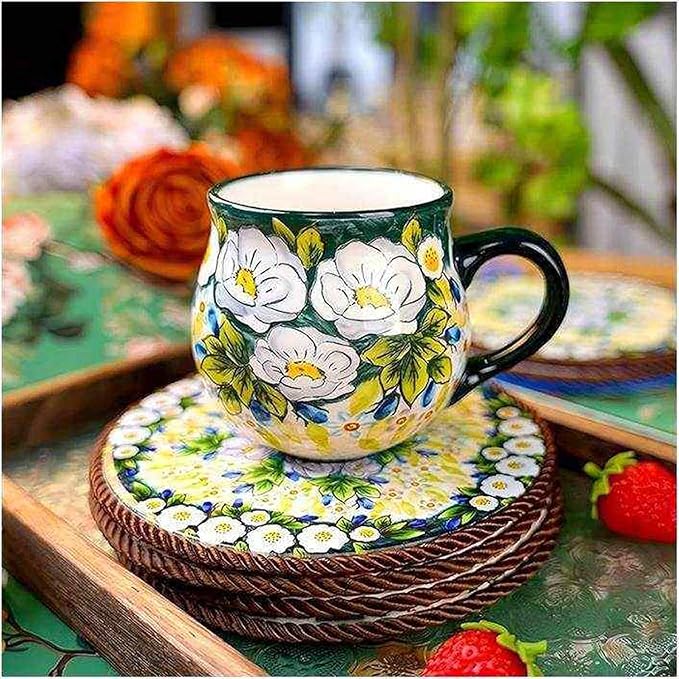 13oz Ceramic Coffee Mug, Hand-Painted Floral Polish Pottery Style Cup, Large Stoneware Tea Mug with Handle, Microwave & Dishwasher Safe (Green)