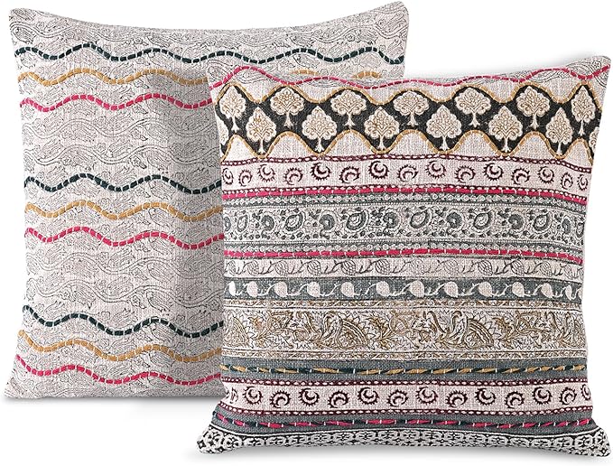 Ridhi Hand Block Print Neutral Ivory Grey Cotton TNT Cushion Cover 18x18 Decorative Throw Pillow Cover for Sofa, Living Room, Bedroom Decor, Soft, Cushion Case for Spring, Easter