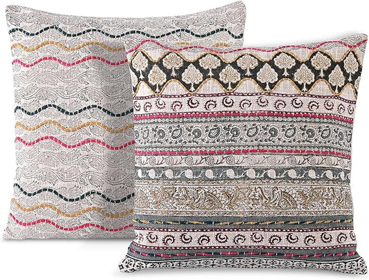 Ridhi Hand Block Print Neutral Ivory Grey Cotton TNT Cushion Cover 18x18 Decorative Throw Pillow Cover for Sofa, Living Room, Bedroom Decor, Soft, Cushion Case for Spring, Easter