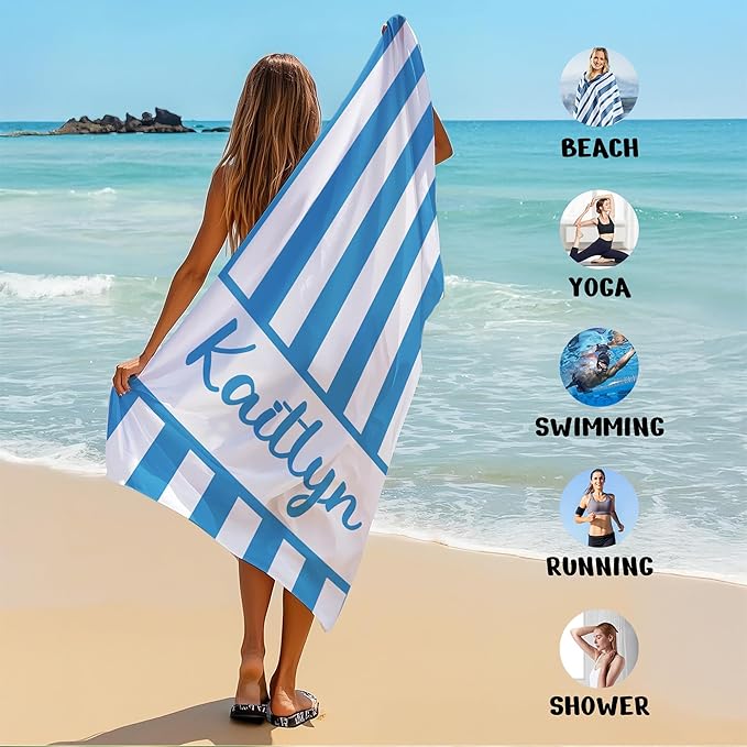 JML Personalized Beach Towel with Name, Custom Cabana Stripe Beach Towel, Customized Microfiber Pool Towel, Quick Dry & Absorbent Swim Towel for Adult,Mother's Day, Birthday, Summer Holiday,Vacation