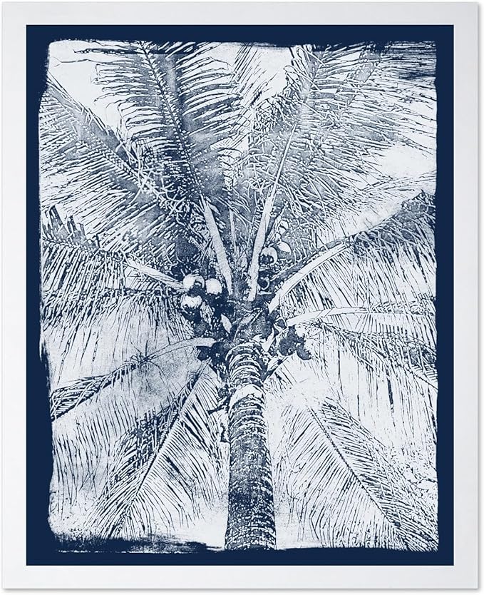 Monem Art Coastal Palm Tree Cyanotype Print - Blue and White Tropical Botanical Art Poster - Wall Decor for Beach House, Bedroom or Living Room - 8x10 White Framed Wall Art by Renee Stramel