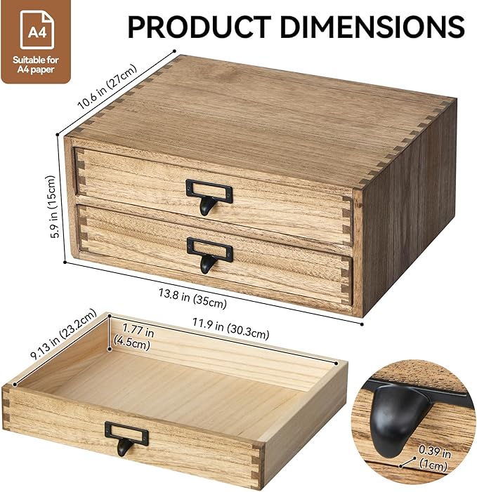 KIRIGEN Wooden Desk Organizer with 2 Drawers, Wood Desktop Storage Cabinet, Shallow Office Drawer Organizer for Printer Paper and Mail, No Assembly, 13.78 W x 10.6 D x 5.9 H In, FAX-DBR