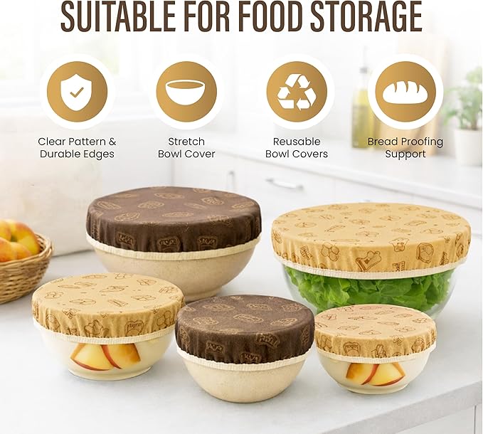 Beeswax Bowl Covers Set of 5 – Reusable Elastic Shower Caps for Sourdough Bread Proofing & Dough Rising – Washable Organic Cotton Cloth Food Storage Covers, Plastic Wrap Alternative (5.5"–13")