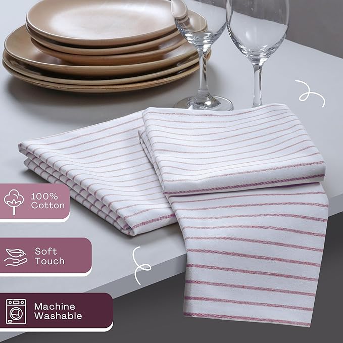 Burgundy Stripe Cloth Napkins Set of 12, 18x18 Inch, 100% Cotton, Absorbent, Classic Striped Table Linen Napkin for Dinner, Wedding Receptions, Thanksgiving, Everyday Use