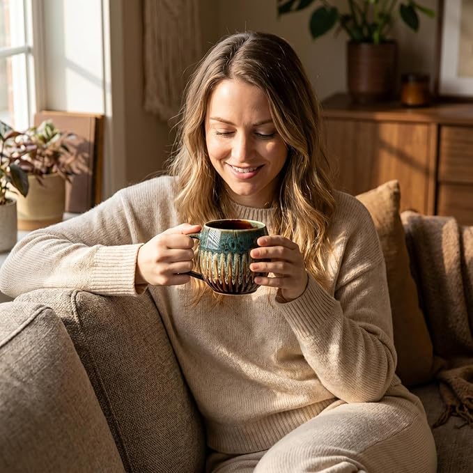 13oz Large Coffee Mug - Unique Handcrafted Look Ceramic Cup, Large Tea Mug, Microwave & Dishwasher Safe (blue,Set of 4)