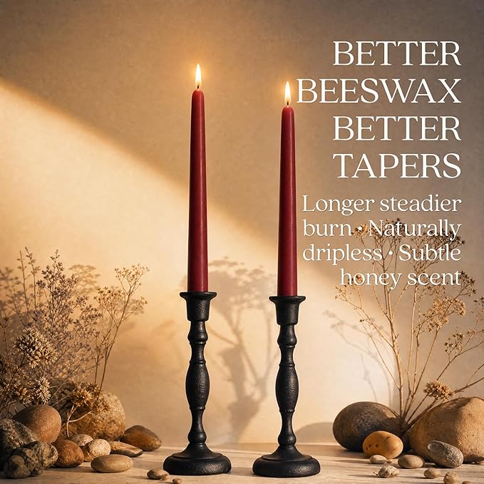 Bluecorn Beeswax Taper Candles, 100% Pure Natural Bees Wax, Pair of 12 Inch Terracotta Tapered Candlesticks, Clean Burning & Dripless, Fragrance Free, Long Lasting, Home Decor, American Made, 1 Count