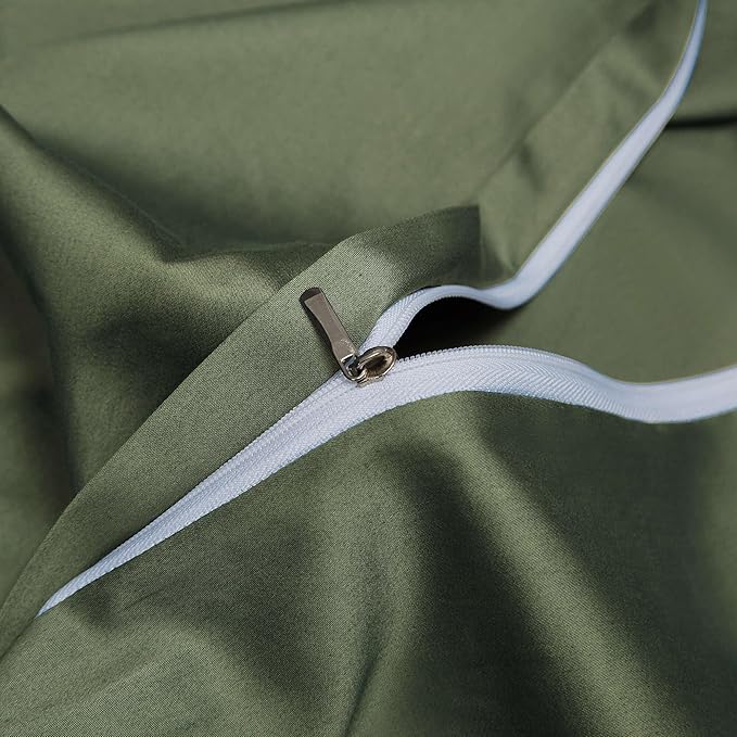 Olive Green Cotton Duvet Cover Set Queen 100% Long-Staple Cotton Sateen Bedding Set, Soft Breathable Smooth Organic Pure Cotton Plain Comforter Cover, Luxury Minimalist Bedroom Decor for All Season