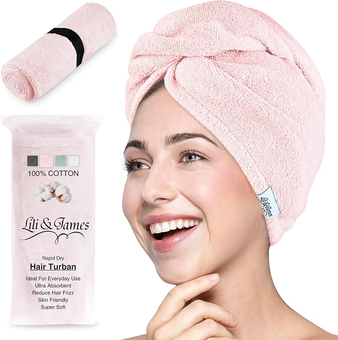 Lili&James 100% Cotton Hair Towel Wrap for Women/Kids | Quick Dry, Soft & Absorbent 420-GSM Hair Wrap Towels with Double Button | Anti Frizz, Non Microfiber Hair Turbans for Curly, Long Hair (Pink)