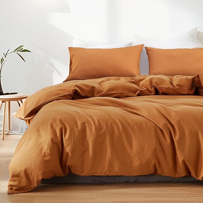 FALUCA French Linen Blend Duvet Cover Set 3Pcs King (104"x92") - Soft, Breathable, Cooling Farmhouse Bedding for Hot Sleeper (King, Rust)