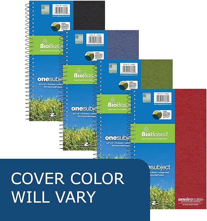 Roaring Spring Environotes Recycled Notebook, 70 Sheets, 9.5" x 6", College Ruled, 1 Subject Notebook, Assorted Earthtone Cover Colors