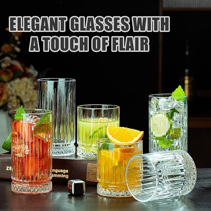 Crystal Drinking Glasses, Set of 8 Durable Glass Cups-4 Highball Glasses 15oz & 4 Rocks Glasses 12oz, Mojito Cups, Cocktail Glass, Bar Glassware Set for Cocktail, Beer, Whiskey