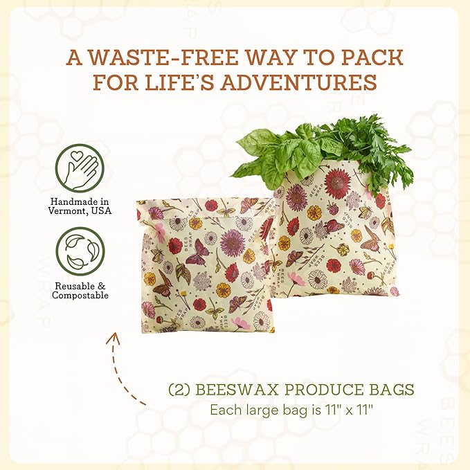 Bee's Wrap Beeswax Wraps for Food - 2 Meadow Magic Produce Bags - Made in USA Reusable & Organic Food Wraps & Reusable Sandwich Bags - Plastic Free Eco-Friendly Alternative to Aluminum Foil