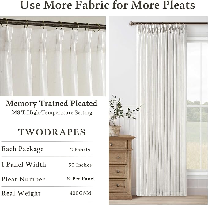 Beige White Extra Long Linen Curtains 132 Inches Long for High Ceiling Living Room Bedroom Dining Modern Neutral Curtain Light Filtering Semi Sheer Pinch Pleat Window Curtains 2 Panels Set 11 FT