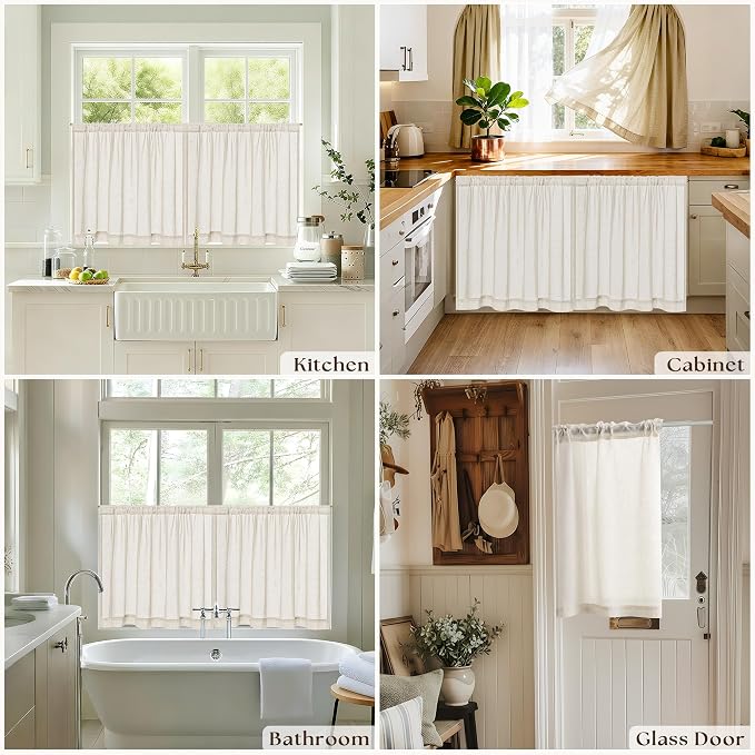 Beige Semi Sheer Linen Kitchen Curtains 24 Inch Length 2 Panels | Cream, Cafe Short Curtains, for Bathroom Small Windows, Light Filtering, Farmhouse, Rod Pocket Drapes, 25x24 Inches Long