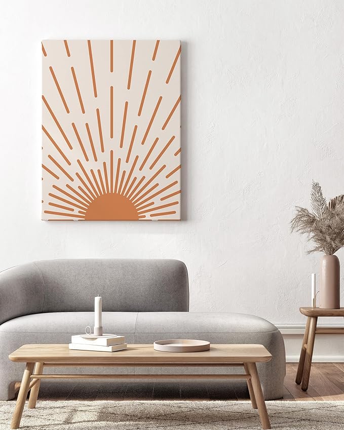 Minimalist Sunburst Wrapped Canvas Wall Art Abstract Geometric Arch Earth Tones Terracotta Mid Century Modern 24x36 Inch Gallery Stretched Modern Home Art Decor