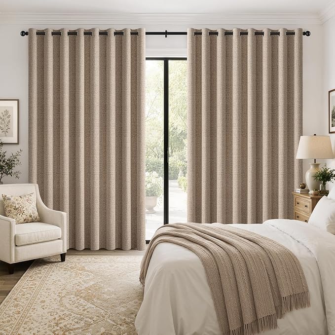 MIULEE Extra Wide 100% Blackout Curtains for Sliding Glass Doors Linen Textured W100 x L84 inch Panel Copper Brown Thermal Insulated Grommet Room Darkening Drapes for Patio, 1 Panel Set