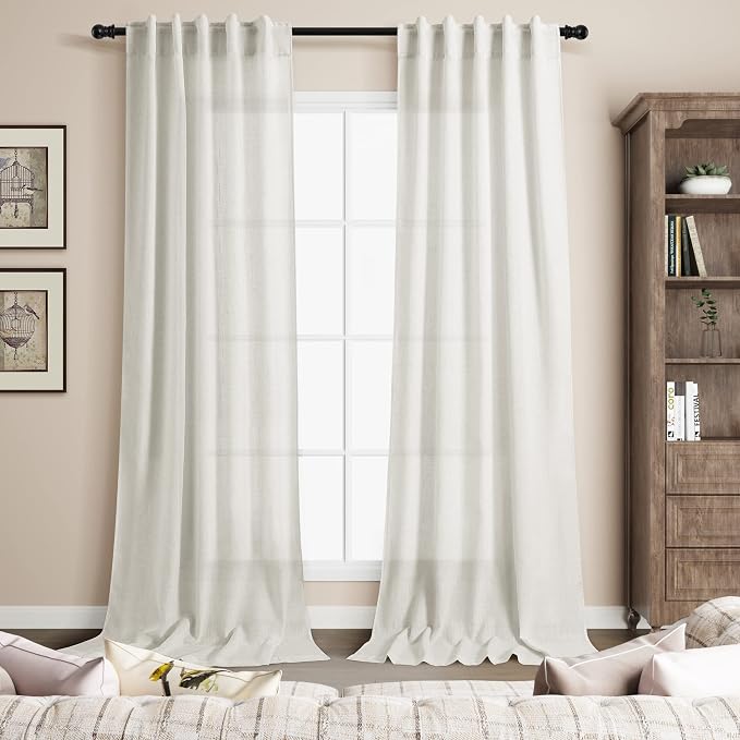 Cream Linen Curtains 108 inches Long for Bedroom 2 Panel Set Back Tab Light Filtering Privacy Sheer Curtains 9 FT Farmhouse Decor Cotton Textured Gauze Curtain for Sunroom Picture Window 36x108