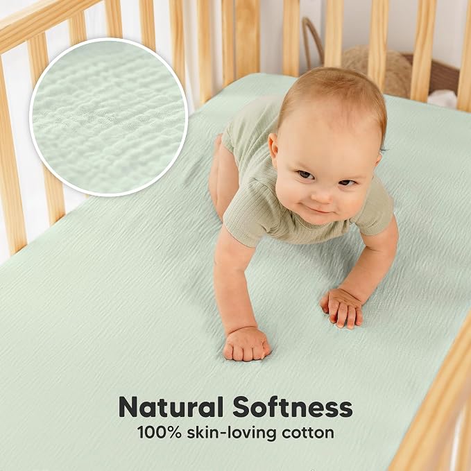 KeaBabies 2-Pack Muslin Crib Sheets for Boys, Girls - 100% Organic Cotton Fitted Baby Crib Mattress Sheet, Soft Breathable Standard Toddler Bed Cover Bedding Set, Neutral, Durable 52x28 (Sage)
