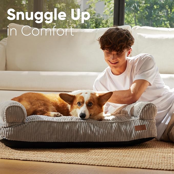 FUKUMARU Dog Couch Bed, Corduroy Cozy Cat Bed for Indoor Cats with Washable Cover, 28in Waterproof Orthopedic Dog Beds Sofa for Small Dogs and Large Cats, Cute Warm Cotton Pet Sofa, Grey