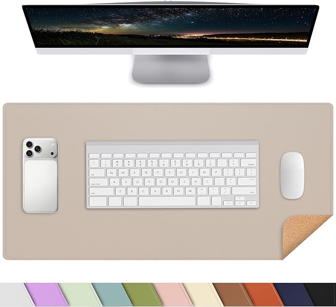 AFIING Desk Mat 23.6" x 13.7", Dual-Sided Natural Cork & PU Leather Desk Pad Protector, Waterproof Non-Slip Mouse Pad, Laptop Desk Blotter for Office, Home & Study (Beige)