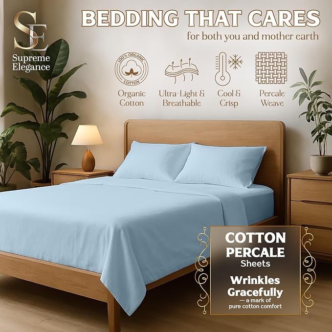 SUPREME ELEGANCE 4Pc 100% Organic Cotton King Size Sheets Set, Sky Blue, Cooling Percale, Deep Pocket Fitted Sheet, Fits 16" Mattresses, Breathable Bed Sheets & Pillowcases, Crisp Bedding