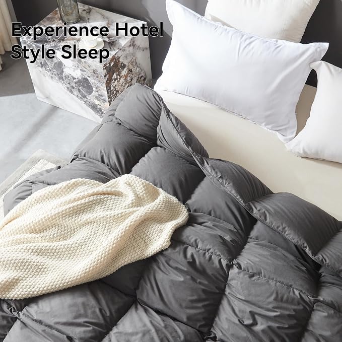 L LOVSOUL Goose Feather Down Fiber Comforter Queen Size, 100% Organic Cotton Fabric Duvet Insert,1200TC,750+FP, Hotel Collection, Heavyweight Grey Bedding Comforters with 8 Tabs,83oz