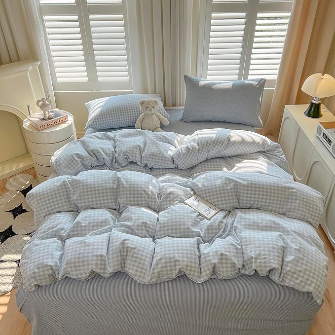 mixinni Light Blue Gingham Duvet Cover Set Twin XL Size - 100% Washed Cotton 3 Piece Plaid Checkered Bedding Set, Soft Comfy Grid Farmhouse Comforter Cover with Zipper Closure & Corner Ties