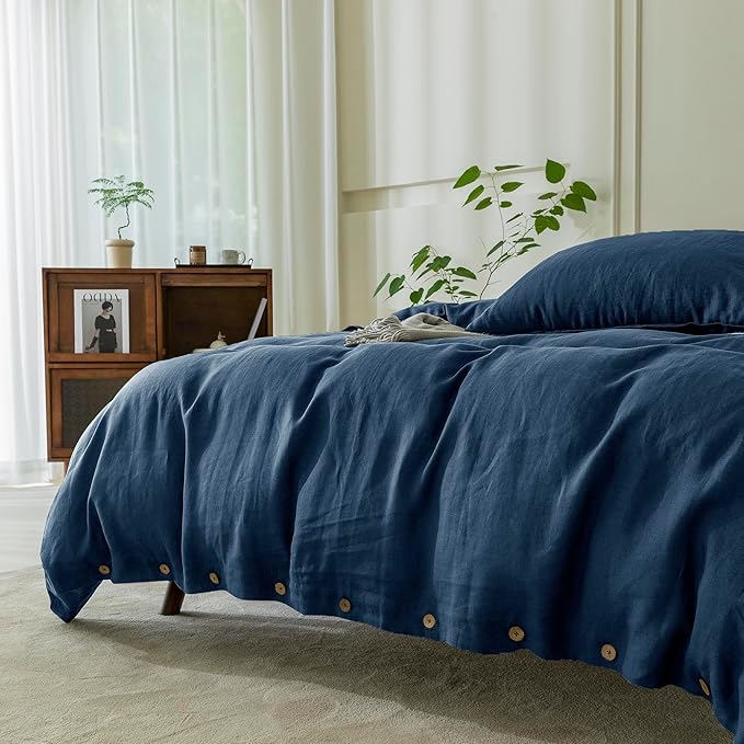 EVERLY100% Pure Linen Duvet Cover Set Queen Size90X90Inch 3pcs (1 Duvet Cover,2 Pillowcases) Soft and Breathable for All Season with Coconut Button Closure, Suitable for Hot Sleepers-Navy Blue