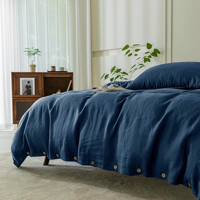 EVERLY100% Pure Linen Duvet Cover Set King Size104X90Inch 3pcs (1 Duvet Cover,2 Pillowcases) Soft and Breathable for All Season with Coconut Button Closure, Suitable for Hot Sleepers-Navy Blue