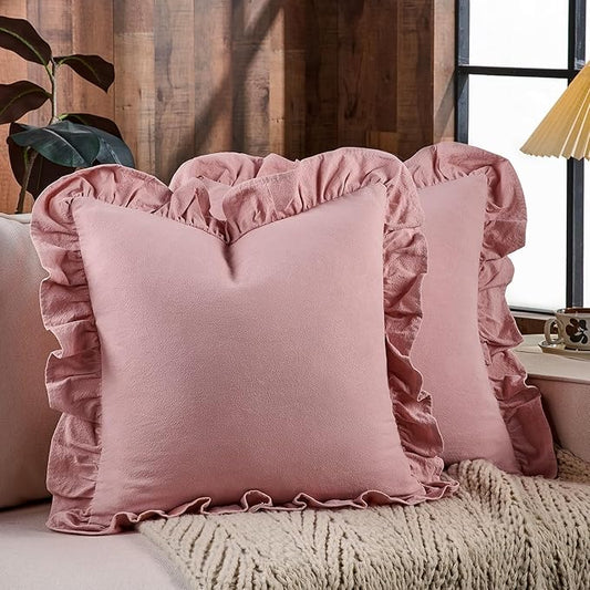 AmHoo Pack of 2 Throw Pillow Covers 100% Cotton Pre Washed Ruffle Decorative Pillowcase Cushion for Couch Sofa Bedroom 18 x 18-Inch Bridal Rose