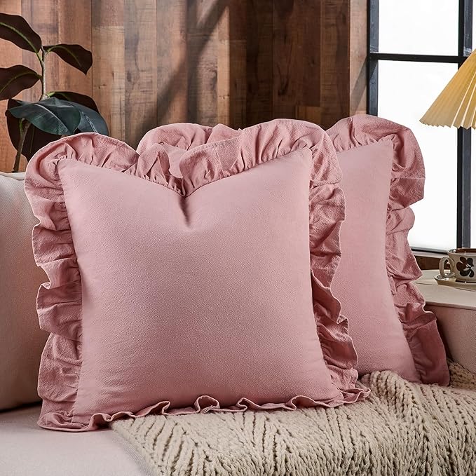 AmHoo Pack of 2 Throw Pillow Covers 100% Cotton Pre Washed Ruffle Decorative Pillowcase Cushion for Couch Sofa Bedroom 20 x 20-Inch Bridal Rose
