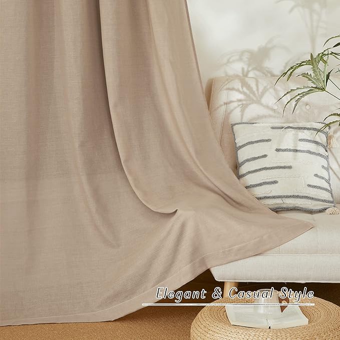 NICETOWN Thick Linen Curtains for Bedroom, Rod Pocket & Back Tab Vintage Flax Semi-Sheer with Light Filtering Curtains & Drapes Privacy Assured for Living Room, Camel, W55 x L84, 2 Pieces