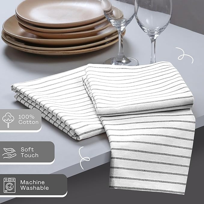 Ash Grey Stripe Cloth Napkins Set of 12, 18x18 Inch, 100% Cotton, Reusable and Washable Fabric, Soft, Classic Striped Table Dinner Napkin for Everyday Dining, Luncheon, Formal Events