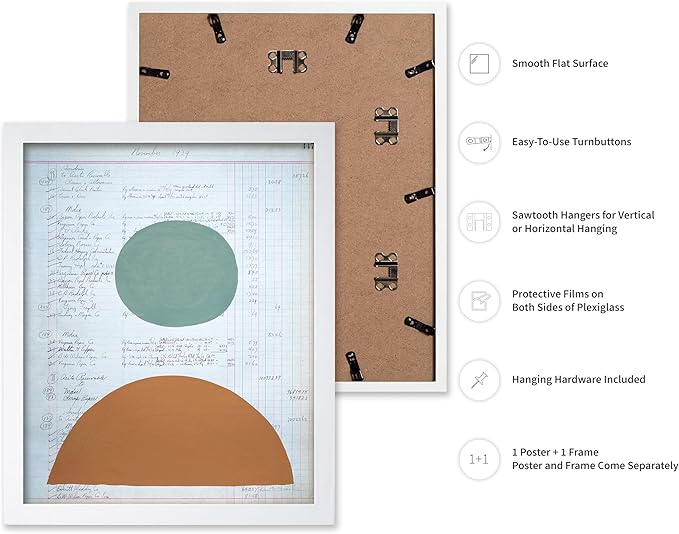 Monem Art Vintage Ledger Abstract Geometric Print - Modernist Teal and Ochre Art Poster - Wall Decor for Office, Living Room or Studio - 12x16 White Framed Wall Art by Renee Stramel