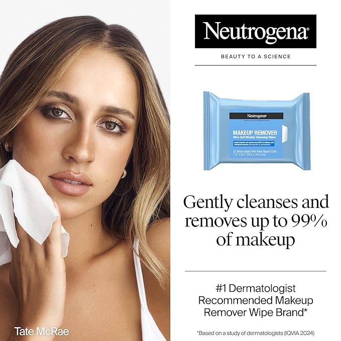 Neutrogena Makeup Remover Wipes, Daily Ultra-Soft Micellar Cleansing Wipes Gently Re-move Oil & Makeup with No Heavy Residue, formulated without alcohol & Made with Plant-Based Cloth, 25 Ct with Case